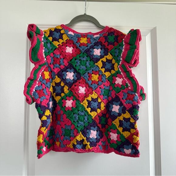 Farm Rio Crochet Vest Ruffle Colorful Chunky Knit Top - Picture 4 of 4